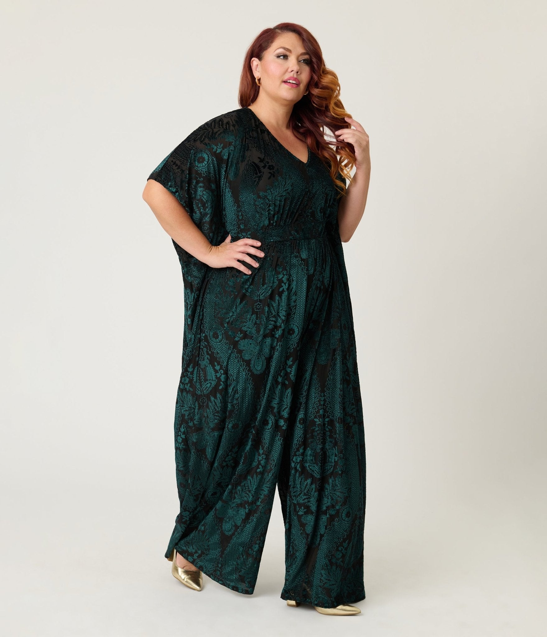 Unique Vintage Plus Size Green Velvet Floral Burnout Caftan Jumpsuit - Unique Vintage - Womens, BOTTOMS, ROMPERS AND JUMPSUITS