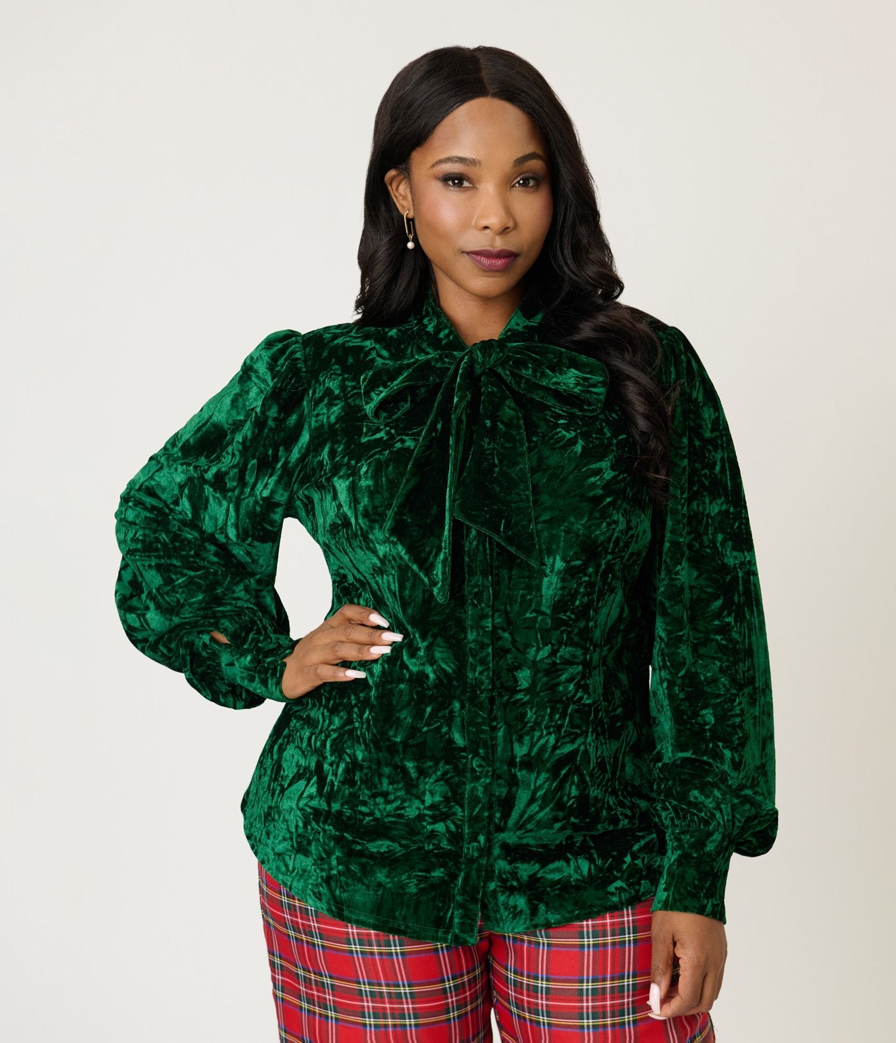 Unique Vintage Plus Size Green Velvet Gwen Blouse - Unique Vintage - Womens, TOPS, WOVEN TOPS
