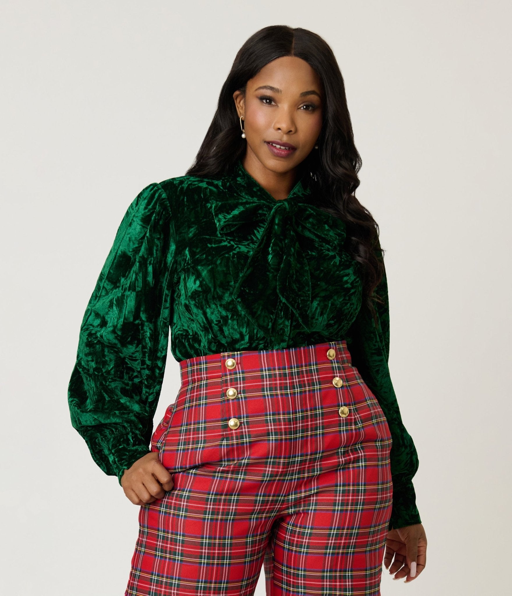 Unique Vintage Plus Size Green Velvet Gwen Blouse - Unique Vintage - Womens, TOPS, WOVEN TOPS