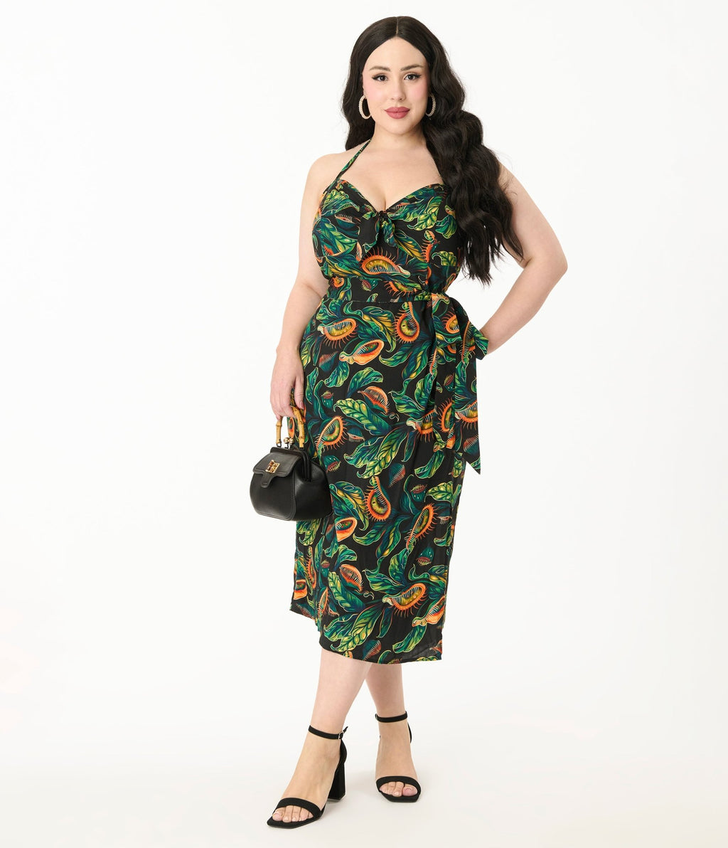Unique Vintage Plus Size Green Venus Fly Trap Leilani Sarong Dress - Unique Vintage - Womens, DRESSES, WIGGLE