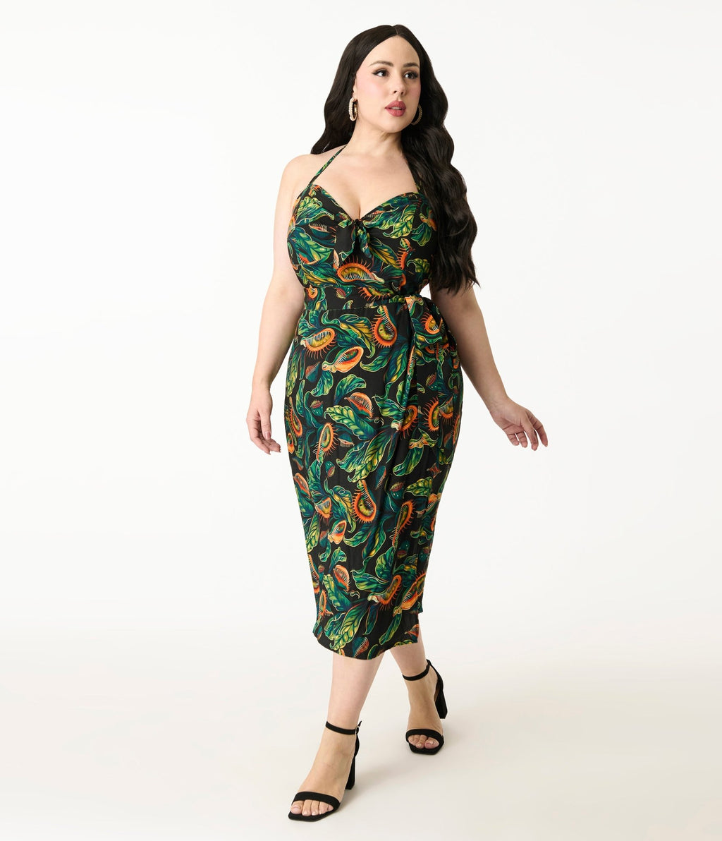 Unique Vintage Plus Size Green Venus Fly Trap Leilani Sarong Dress - Unique Vintage - Womens, DRESSES, WIGGLE