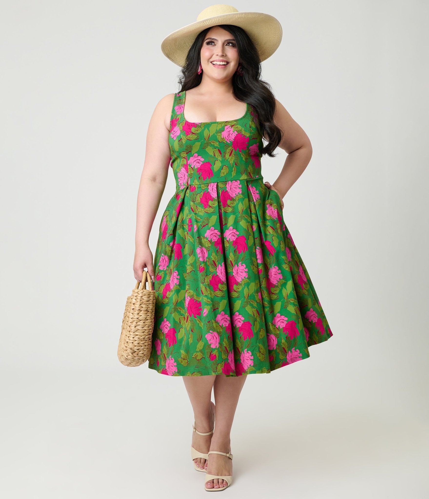 Unique Vintage Plus SIze Green Vintage Rose Square Neck Pleated Swing Dress - Unique Vintage - Womens, DRESSES, SWING