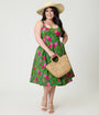 Unique Vintage Plus Size Green Vintage Rose Square Neck Pleated Swing Dress