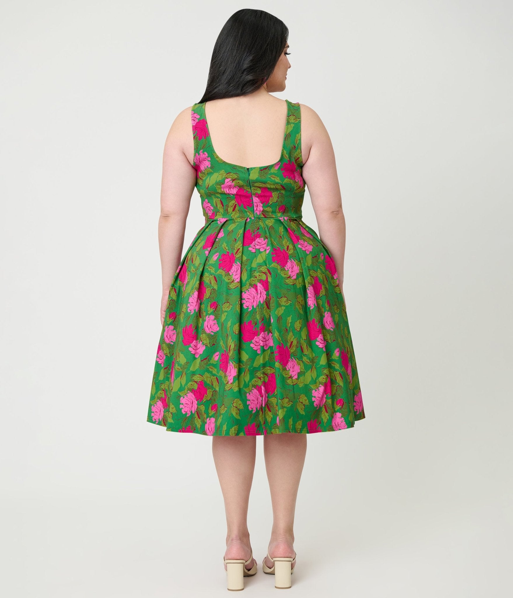 Unique Vintage Plus SIze Green Vintage Rose Square Neck Pleated Swing Dress - Unique Vintage - Womens, DRESSES, SWING