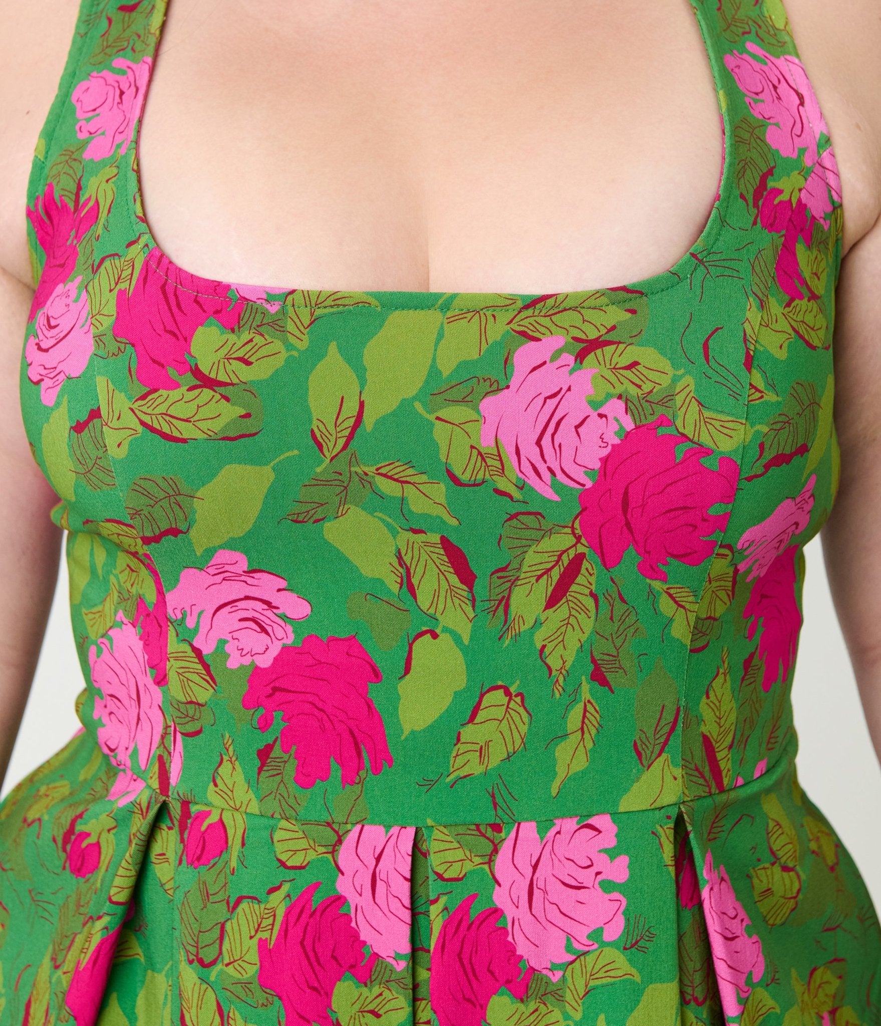 Unique Vintage Plus SIze Green Vintage Rose Square Neck Pleated Swing Dress - Unique Vintage - Womens, DRESSES, SWING