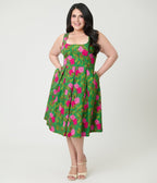 Unique Vintage Plus SIze Green Vintage Rose Square Neck Pleated Swing Dress - Unique Vintage - Womens, DRESSES, SWING