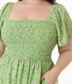 Unique Vintage Plus Size Green & White Ditsy Floral Smocked Bodice Midi Dress - Unique Vintage - Womens, DRESSES, MIDI