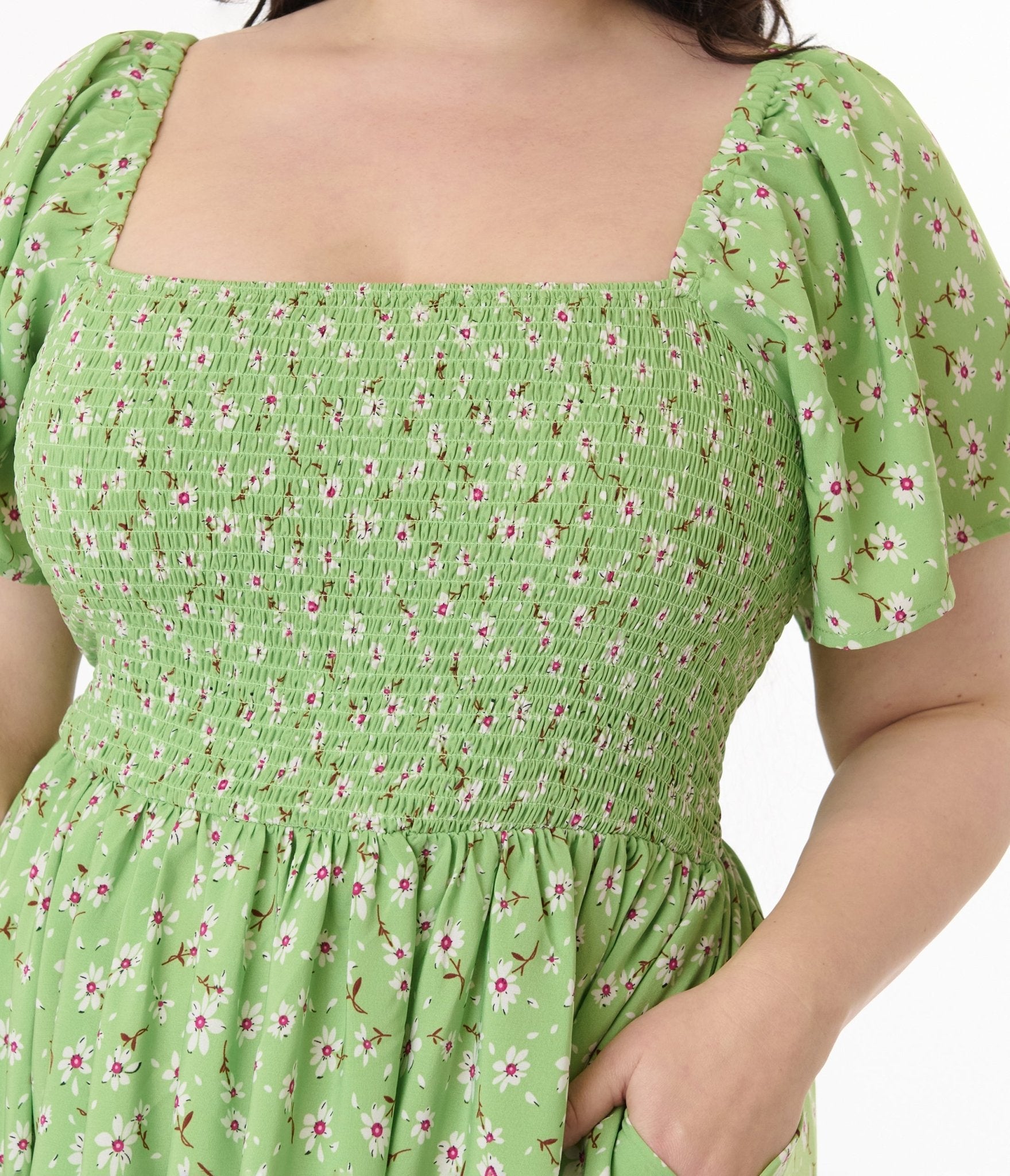 Unique Vintage Plus Size Green & White Ditsy Floral Smocked Bodice Midi Dress - Unique Vintage - Womens, DRESSES, MIDI
