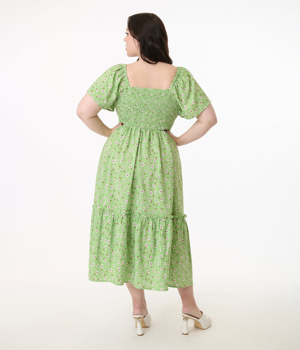Unique Vintage Plus Size Green & White Ditsy Floral Smocked Bodice Midi Dress - Unique Vintage - Womens, DRESSES, MIDI