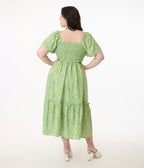 Unique Vintage Plus Size Green & White Ditsy Floral Smocked Bodice Midi Dress - Unique Vintage - Womens, DRESSES, MIDI