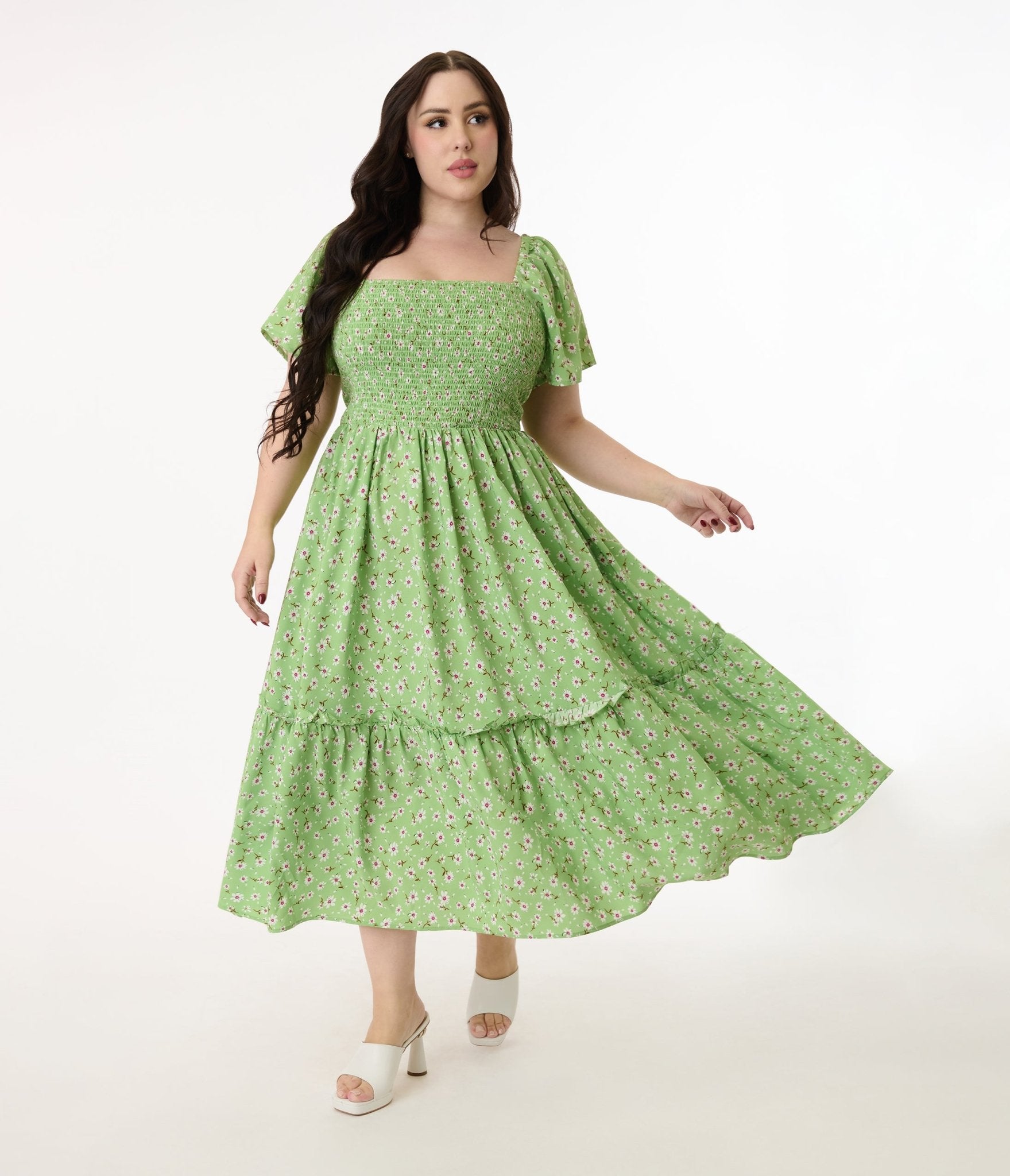 Unique Vintage Plus Size Green & White Ditsy Floral Smocked Bodice Midi Dress - Unique Vintage - Womens, DRESSES, MIDI