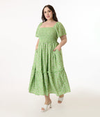 Unique Vintage Plus Size Green & White Ditsy Floral Smocked Bodice Midi Dress - Unique Vintage - Womens, DRESSES, MIDI