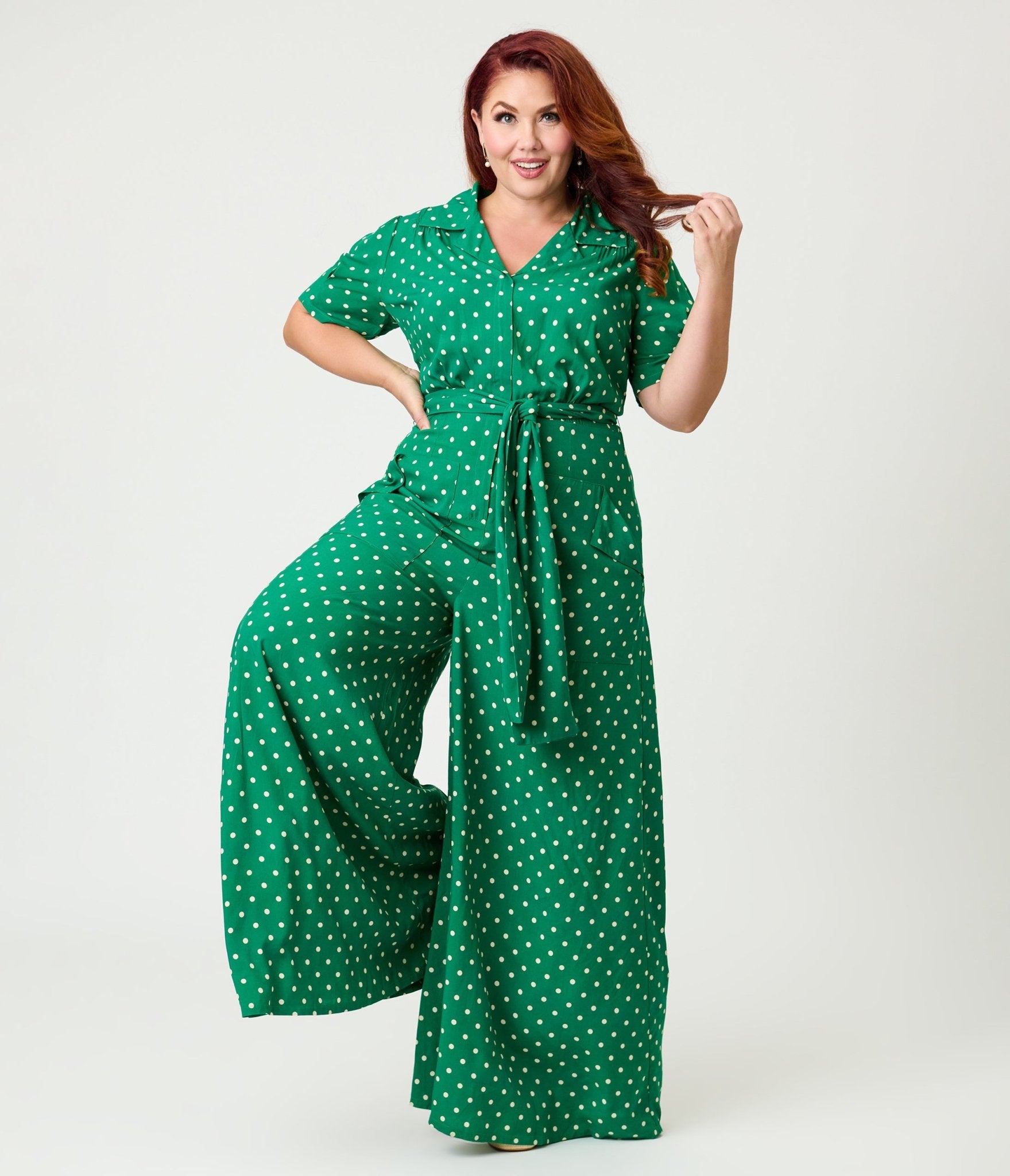 Unique Vintage Plus Size Green & White Dot Flare Jumpsuit