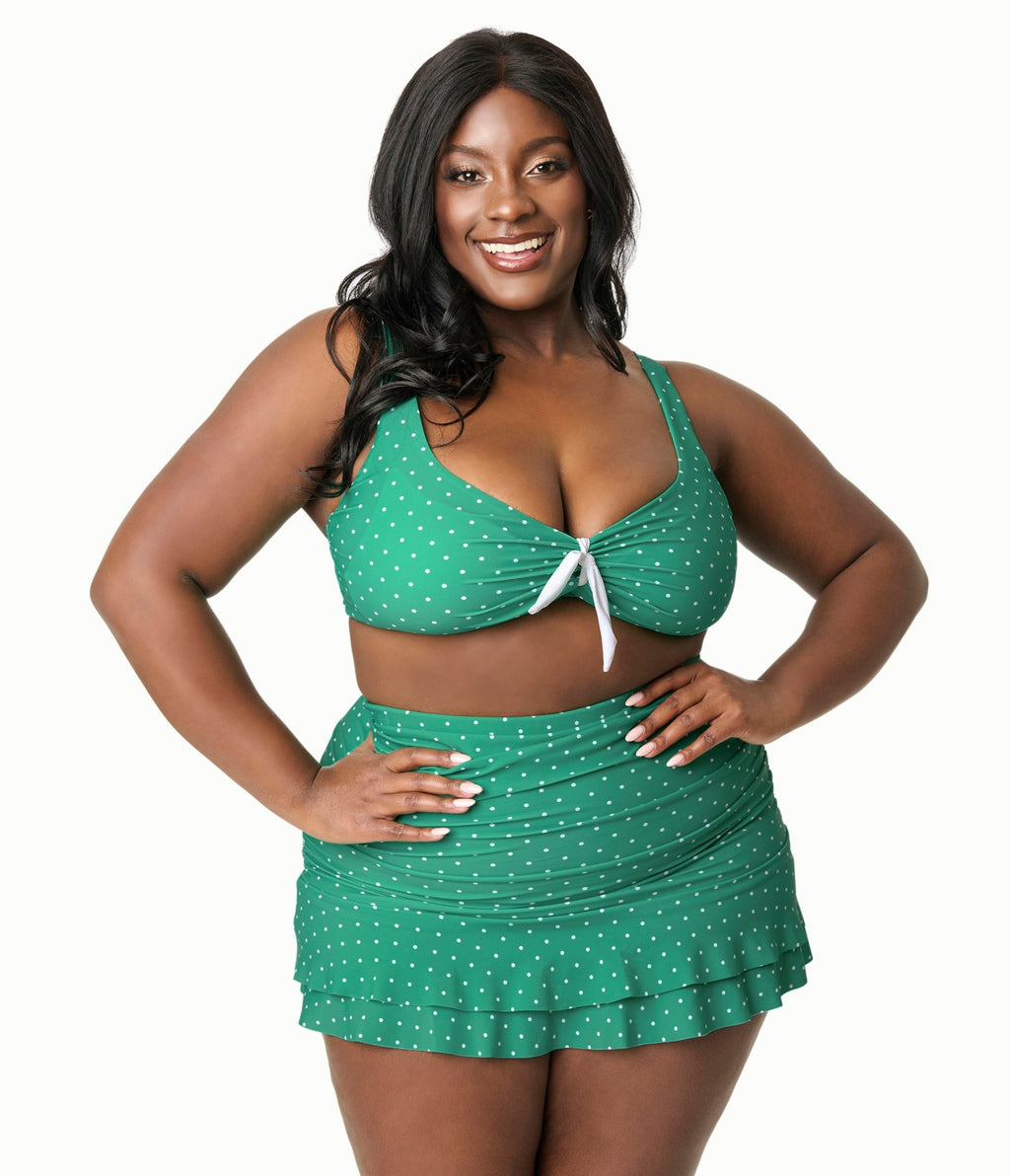 Unique Vintage Plus Size Green & White Pin Dot Alice Swim Skirt - Unique Vintage - Womens, SWIM, BOTTOM