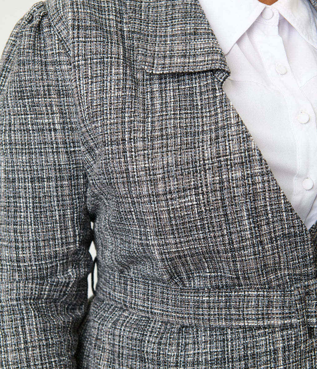 Unique Vintage Plus Size Grey Tweed Belted Shawl Collar Jacket - Unique Vintage - Womens, TOPS, OUTERWEAR