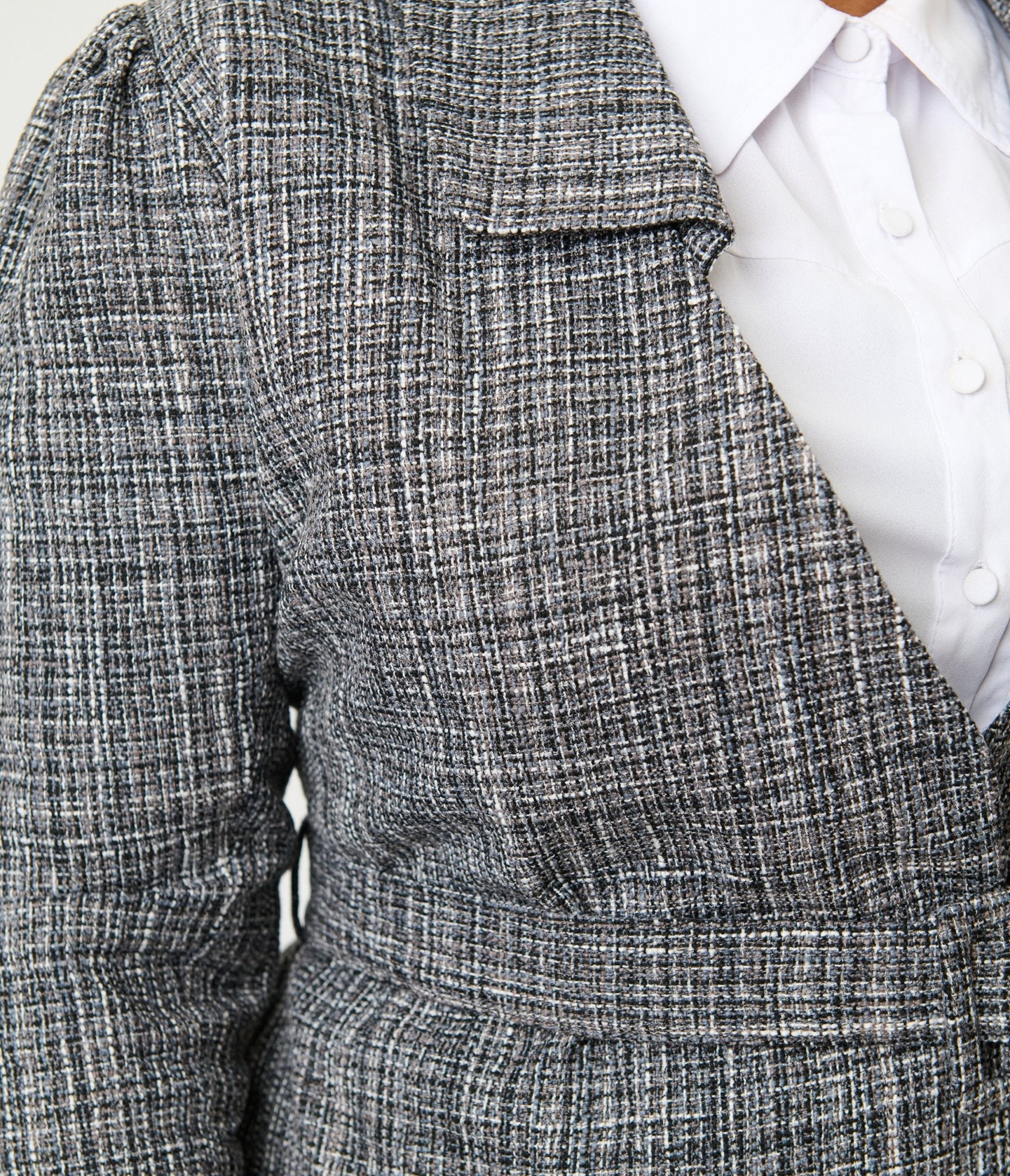 Unique Vintage Plus Size Grey Tweed Belted Shawl Collar Jacket - Unique Vintage - Womens, TOPS, OUTERWEAR