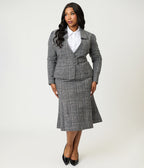 Unique Vintage Plus Size Grey Tweed Belted Shawl Collar Jacket - Unique Vintage - Womens, TOPS, OUTERWEAR
