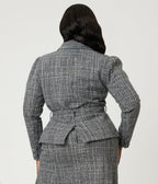 Unique Vintage Plus Size Grey Tweed Belted Shawl Collar Jacket - Unique Vintage - Womens, TOPS, OUTERWEAR