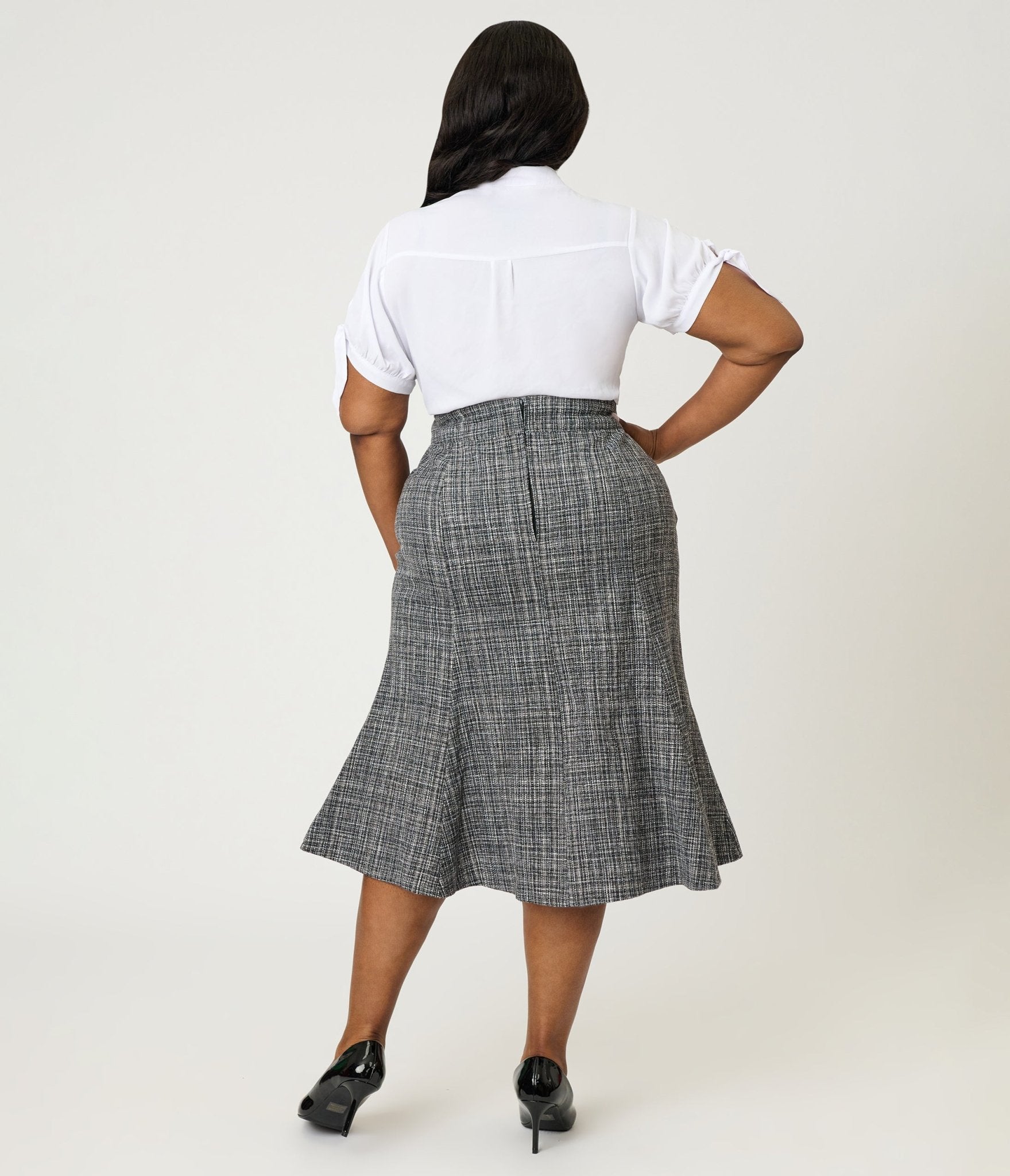 Unique Vintage Plus Size Grey Tweed Tina Trumpet Skirt