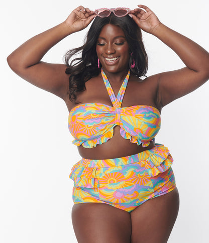 Unique Vintage Plus Size Happy Groovy Rainbow Twist Front Halter Swim Top - Unique Vintage - Womens, SWIM, TOP