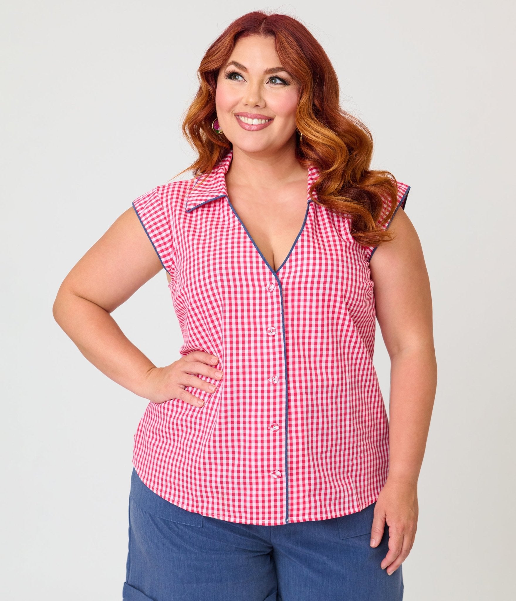 Unique Vintage Plus Size Hot Pink Gingham Cap Sleeve Top - Unique Vintage - Womens, TOPS, WOVEN TOPS
