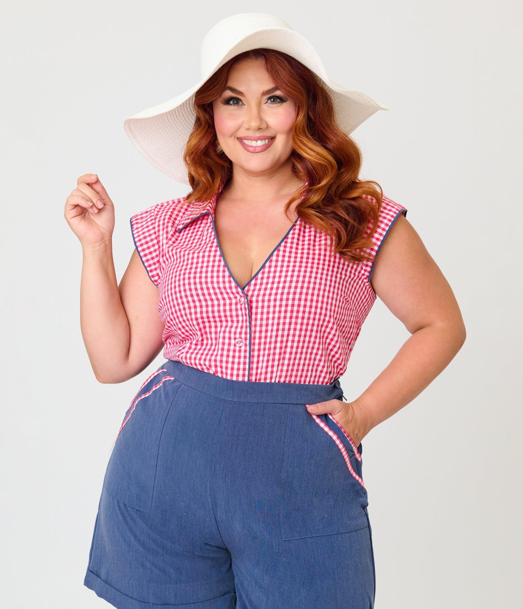 Unique Vintage Plus Size Hot Pink Gingham Cap Sleeve Top - Unique Vintage - Womens, TOPS, WOVEN TOPS