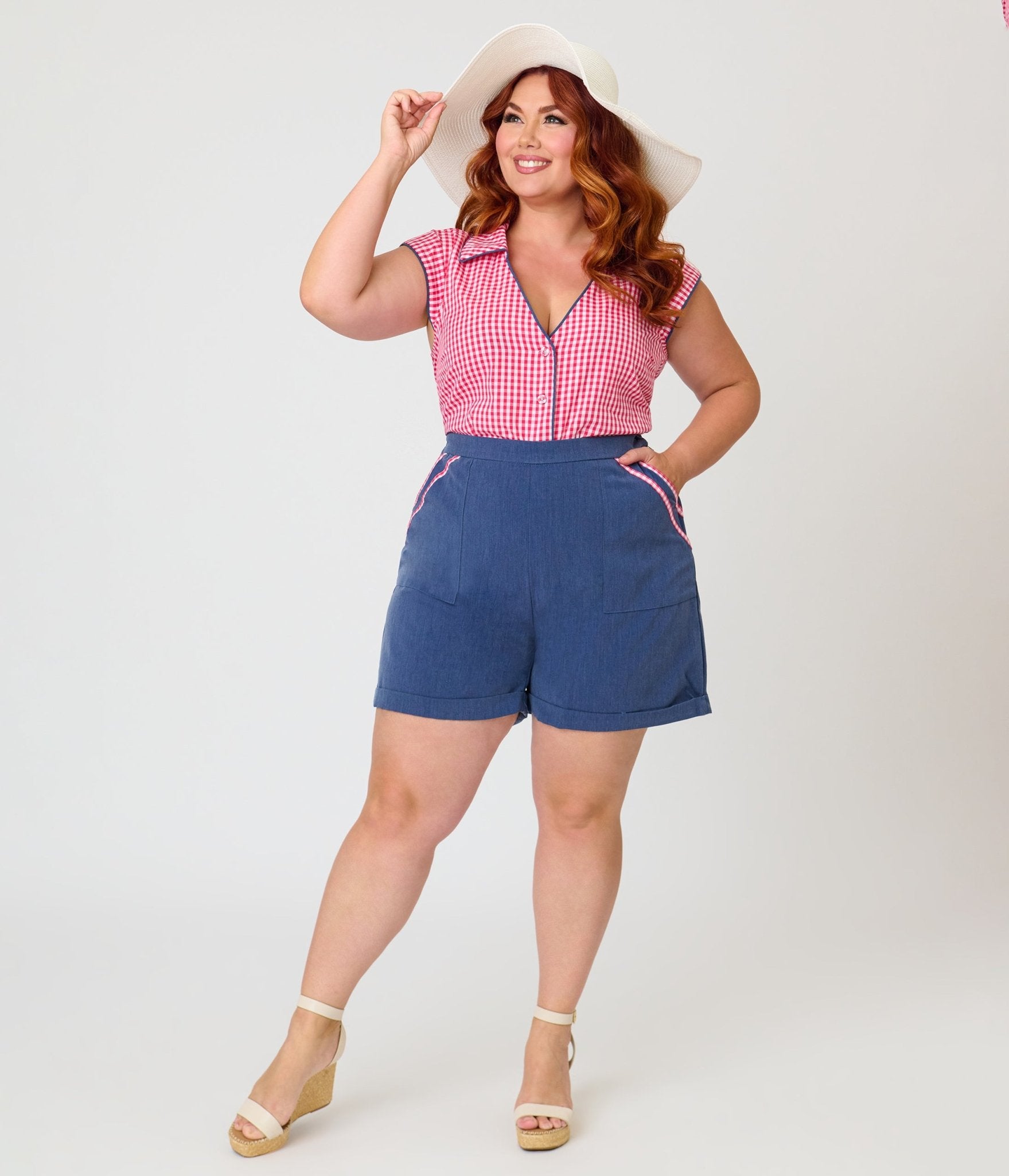 Unique Vintage Plus Size Hot Pink Gingham Cap Sleeve Top - Unique Vintage - Womens, TOPS, WOVEN TOPS