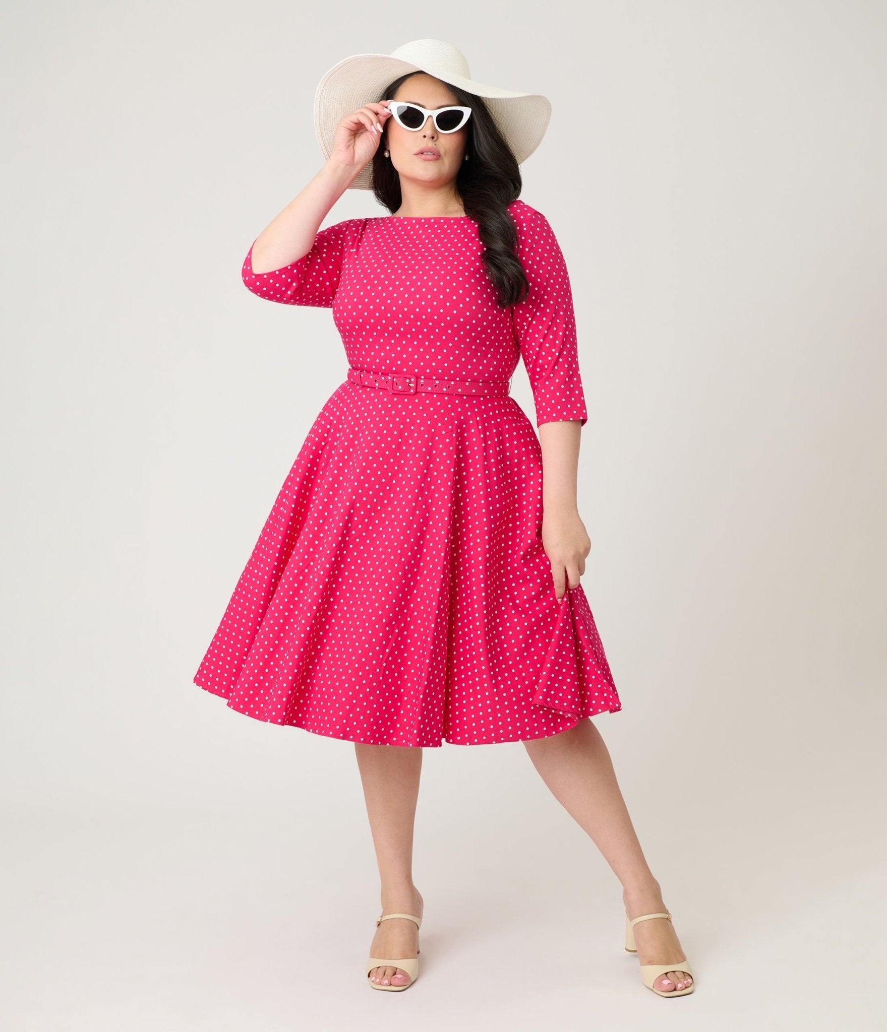 Unique Vintage Plus Size Hot Pink Pin Dot Devon Swing Dress - Unique Vintage - Womens, DRESSES, SWING
