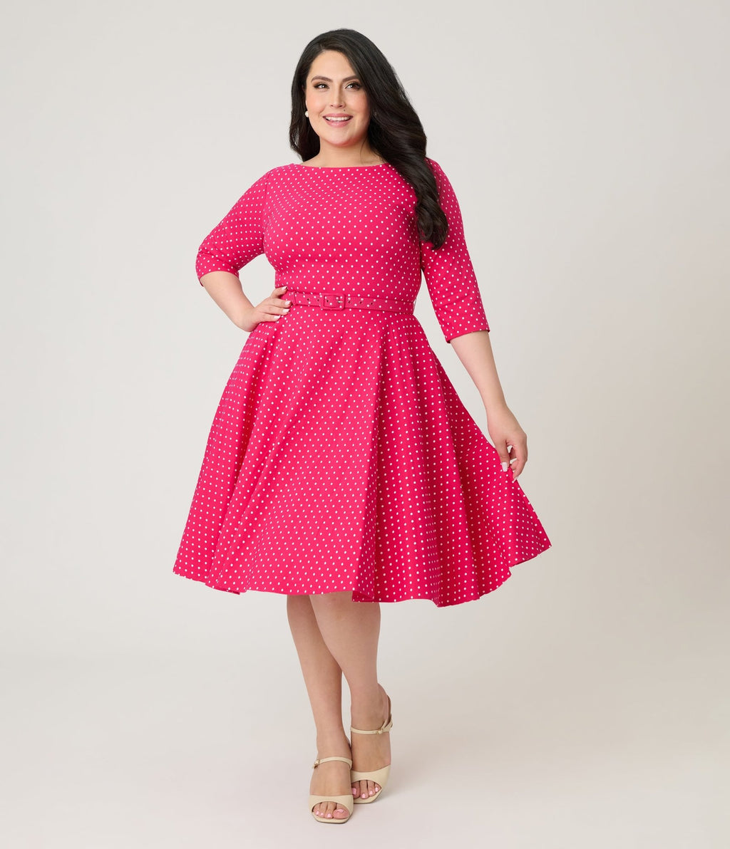 Unique Vintage Plus Size Hot Pink Pin Dot Devon Swing Dress - Unique Vintage - Womens, DRESSES, SWING