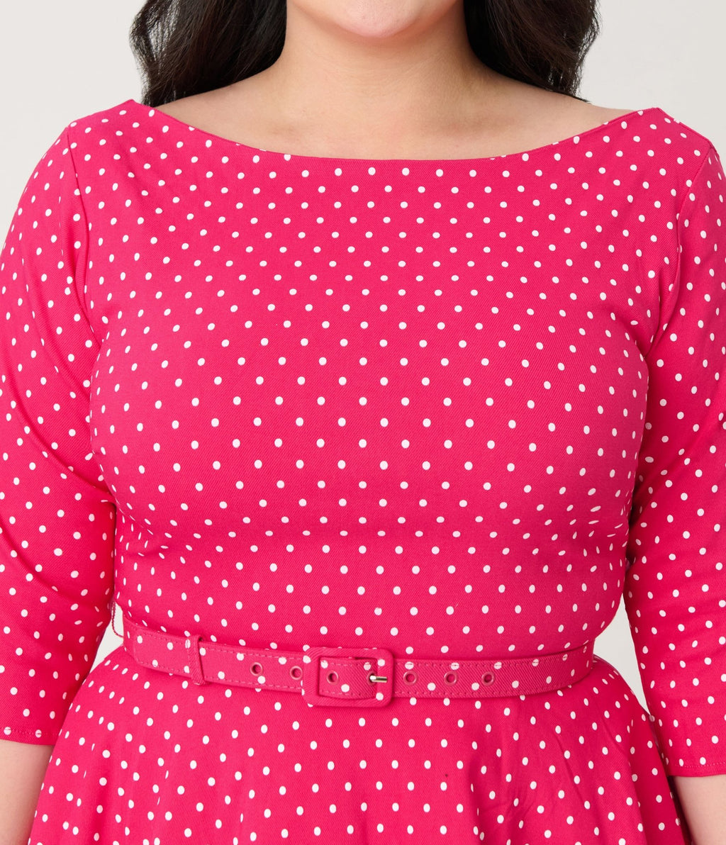 Unique Vintage Plus Size Hot Pink Pin Dot Devon Swing Dress - Unique Vintage - Womens, DRESSES, SWING