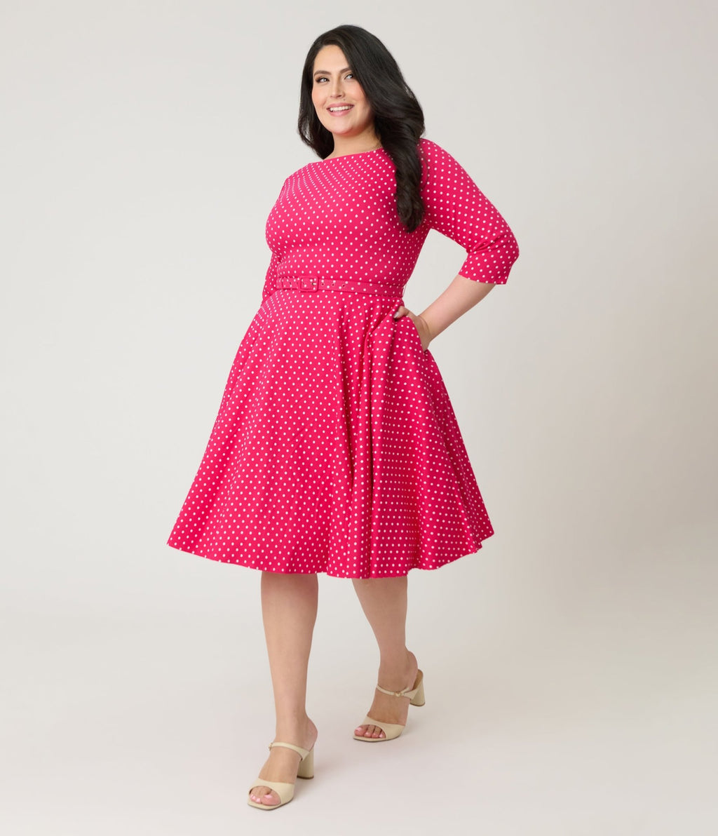 Unique Vintage Plus Size Hot Pink Pin Dot Devon Swing Dress - Unique Vintage - Womens, DRESSES, SWING