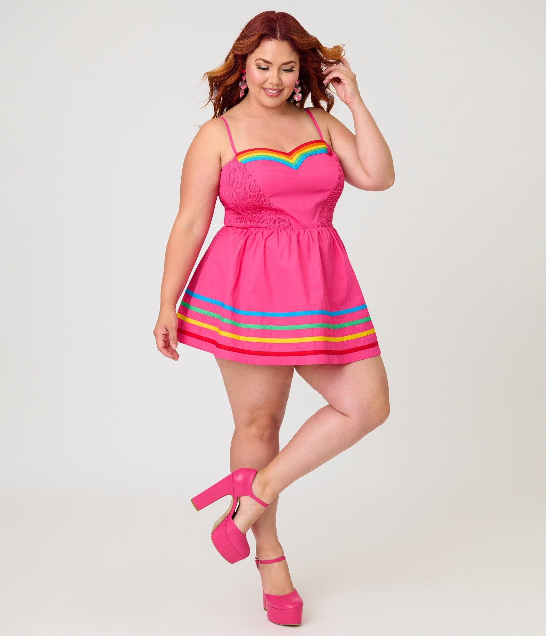Unique Vintage Plus Size Hot Pink & Rainbow Cotton Skirted Romper - Unique Vintage - Womens, BOTTOMS, ROMPERS AND JUMPSUITS