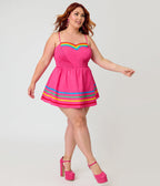 Unique Vintage Plus Size Hot Pink & Rainbow Cotton Skirted Romper - Unique Vintage - Womens, BOTTOMS, ROMPERS AND JUMPSUITS