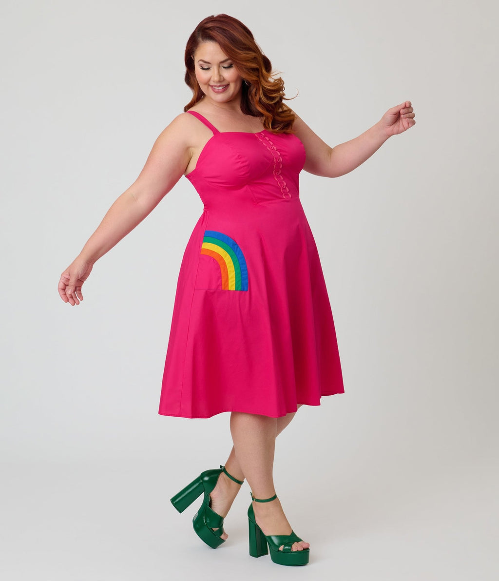 Unique Vintage Plus Size Hot Pink & Rainbow Pockets Sweetheart Swing Dress - Unique Vintage - Womens, DRESSES, SWING