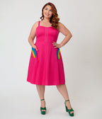 Unique Vintage Plus Size Hot Pink & Rainbow Pockets Sweetheart Swing Dress - Unique Vintage - Womens, DRESSES, SWING