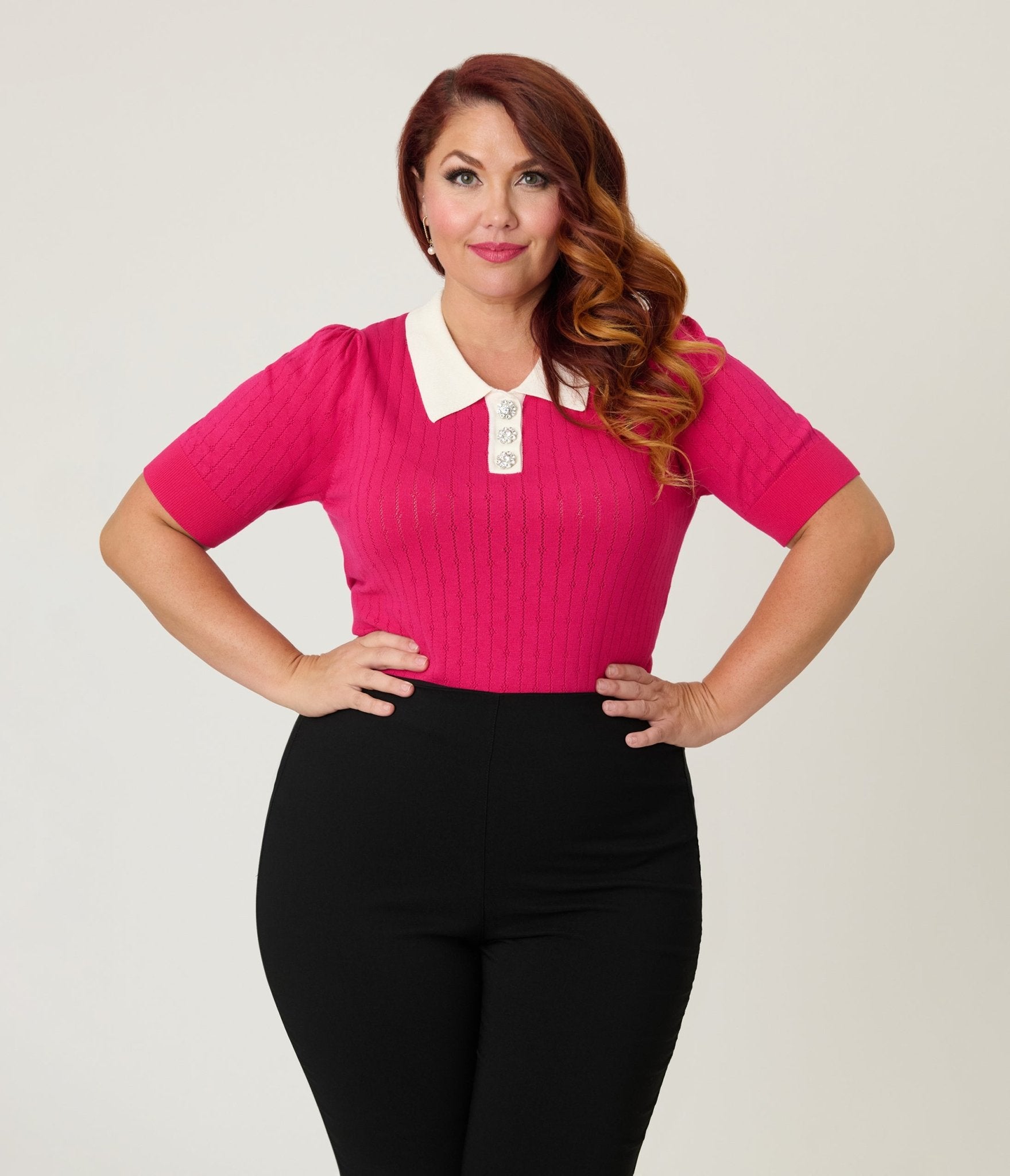 Unique Vintage Plus Size Hot Pink & Rhinestone Buttons Prim & Pretty Sweater - Unique Vintage - Womens, TOPS, SWEATERS