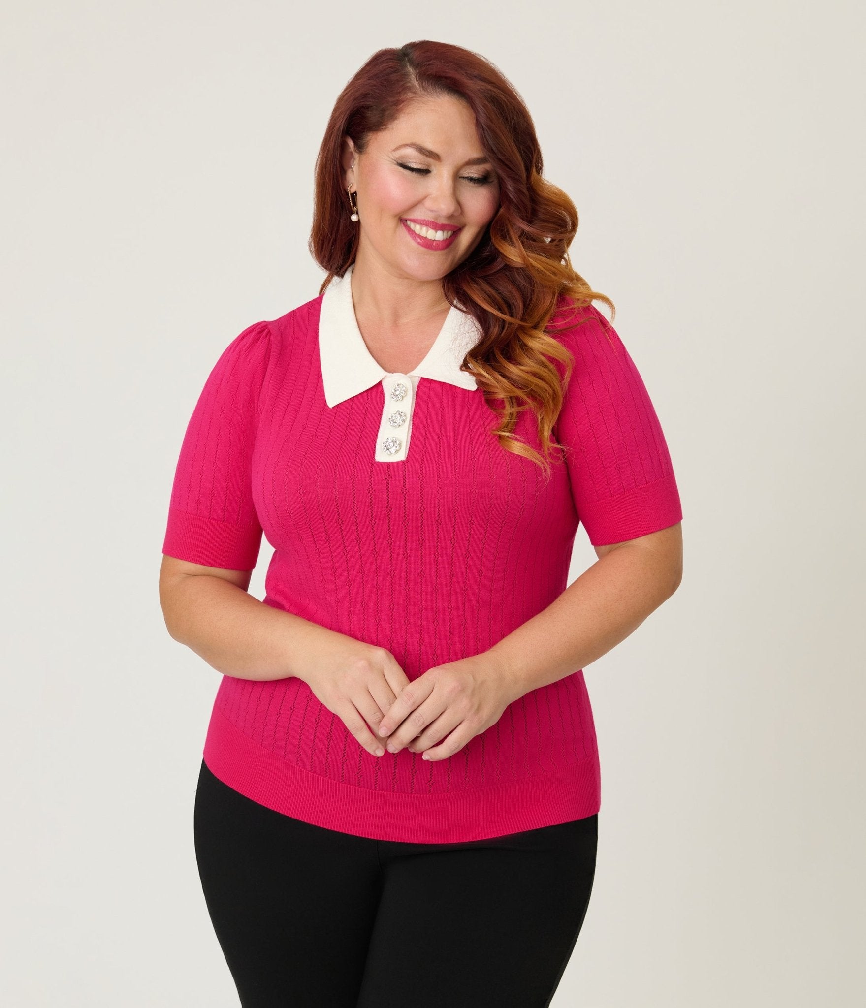 Unique Vintage Plus Size Hot Pink & Rhinestone Buttons Prim & Pretty Sweater - Unique Vintage - Womens, TOPS, SWEATERS