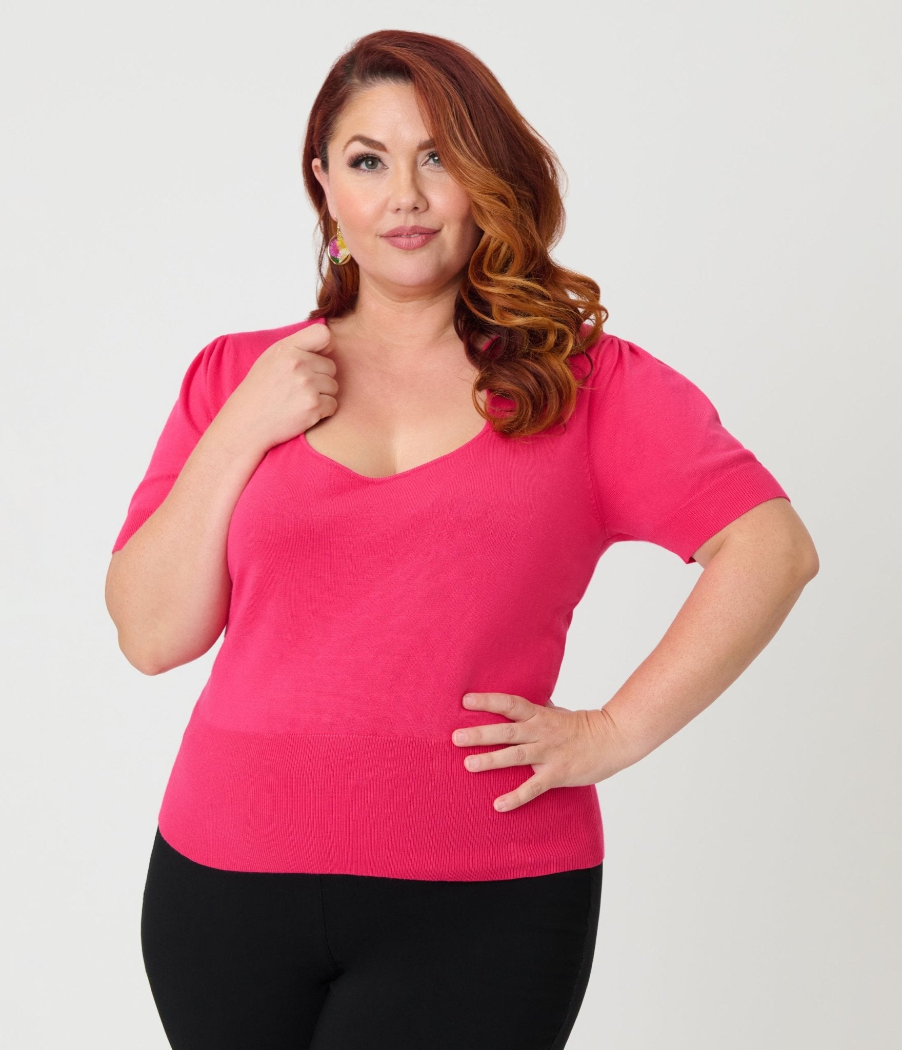 Unique Vintage Plus Size Hot Pink Short Sleeve Sweater