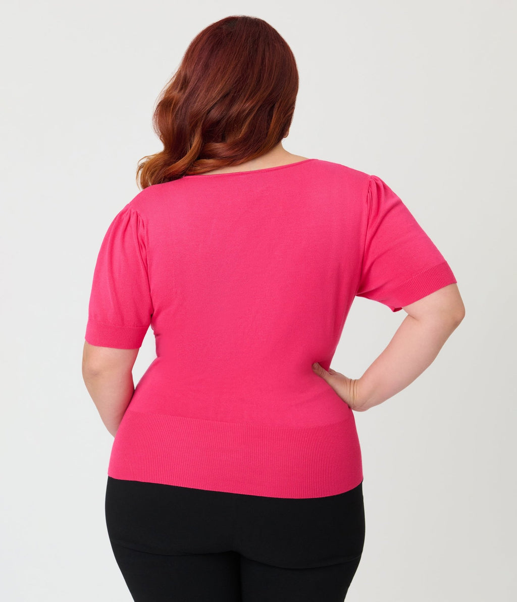 Unique Vintage Plus Size Hot Pink Short Sleeve Sweater - Unique Vintage - Womens, TOPS, SWEATERS