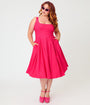 Unique Vintage Plus Size Hot Pink Square Neck Pleated Swing Dress