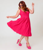 Unique Vintage Plus Size Hot Pink Square Neck Pleated Swing Dress - Unique Vintage - Womens, DRESSES, SWING