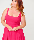 Unique Vintage Plus Size Hot Pink Square Neck Pleated Swing Dress - Unique Vintage - Womens, DRESSES, SWING