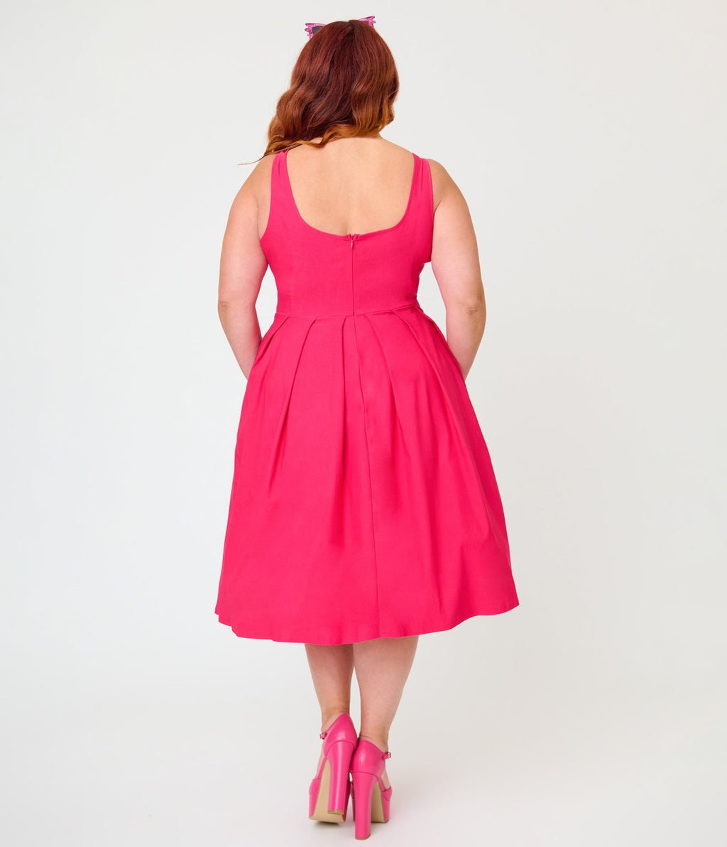 Unique Vintage Plus Size Hot Pink Square Neck Pleated Swing Dress - Unique Vintage - Womens, DRESSES, SWING
