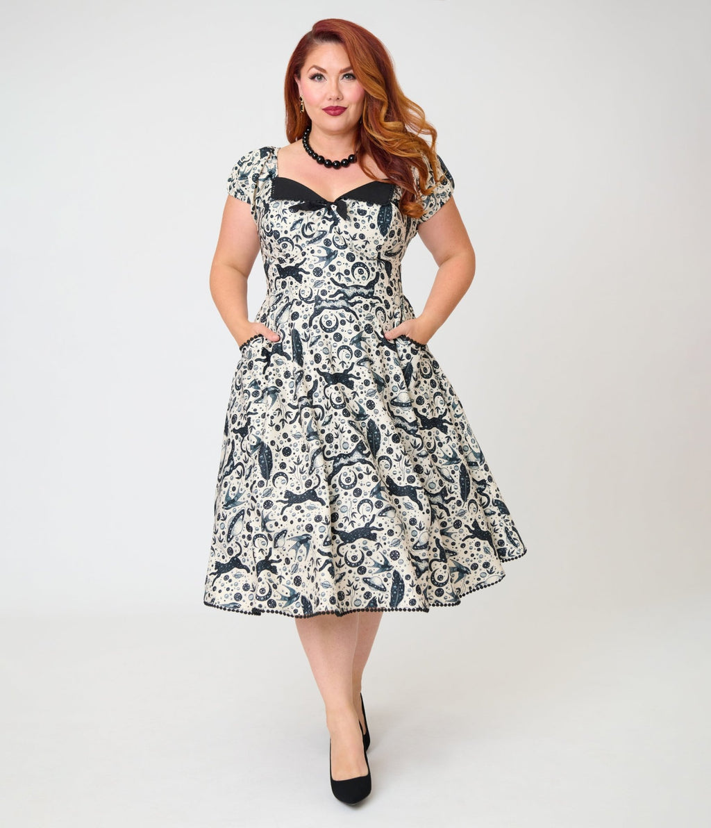 Unique Vintage Plus Size Ivory & Black Mystical Cat Print Swing Dress - Unique Vintage - Womens, DRESSES, SWING