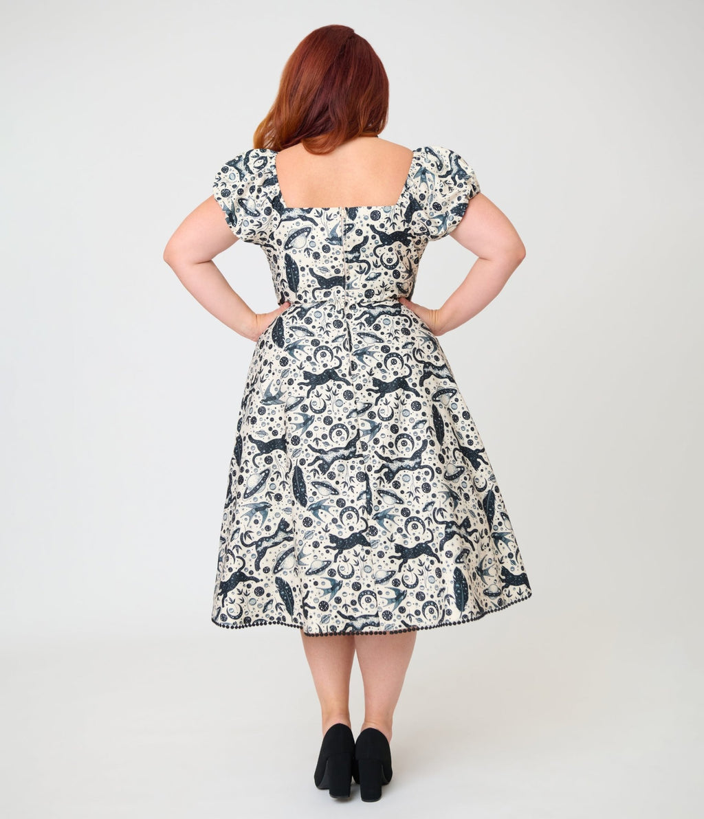 Unique Vintage Plus Size Ivory & Black Mystical Cat Print Swing Dress - Unique Vintage - Womens, DRESSES, SWING