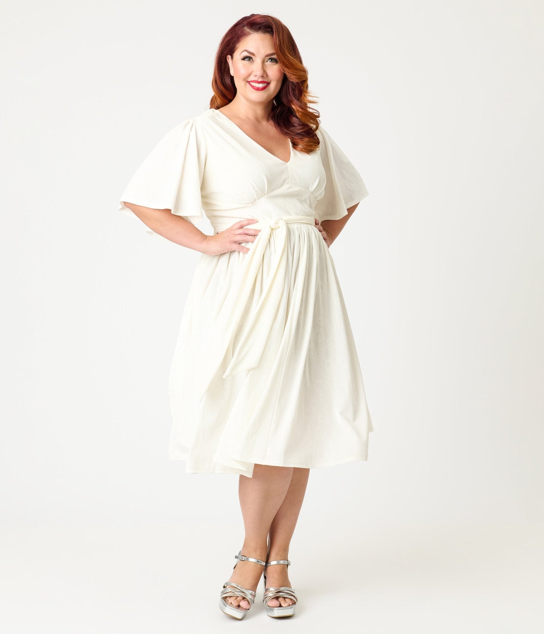 Unique Vintage Plus Size Ivory Peacock Embossed Velvet Flutter Sleeve Lenora Swing Dress