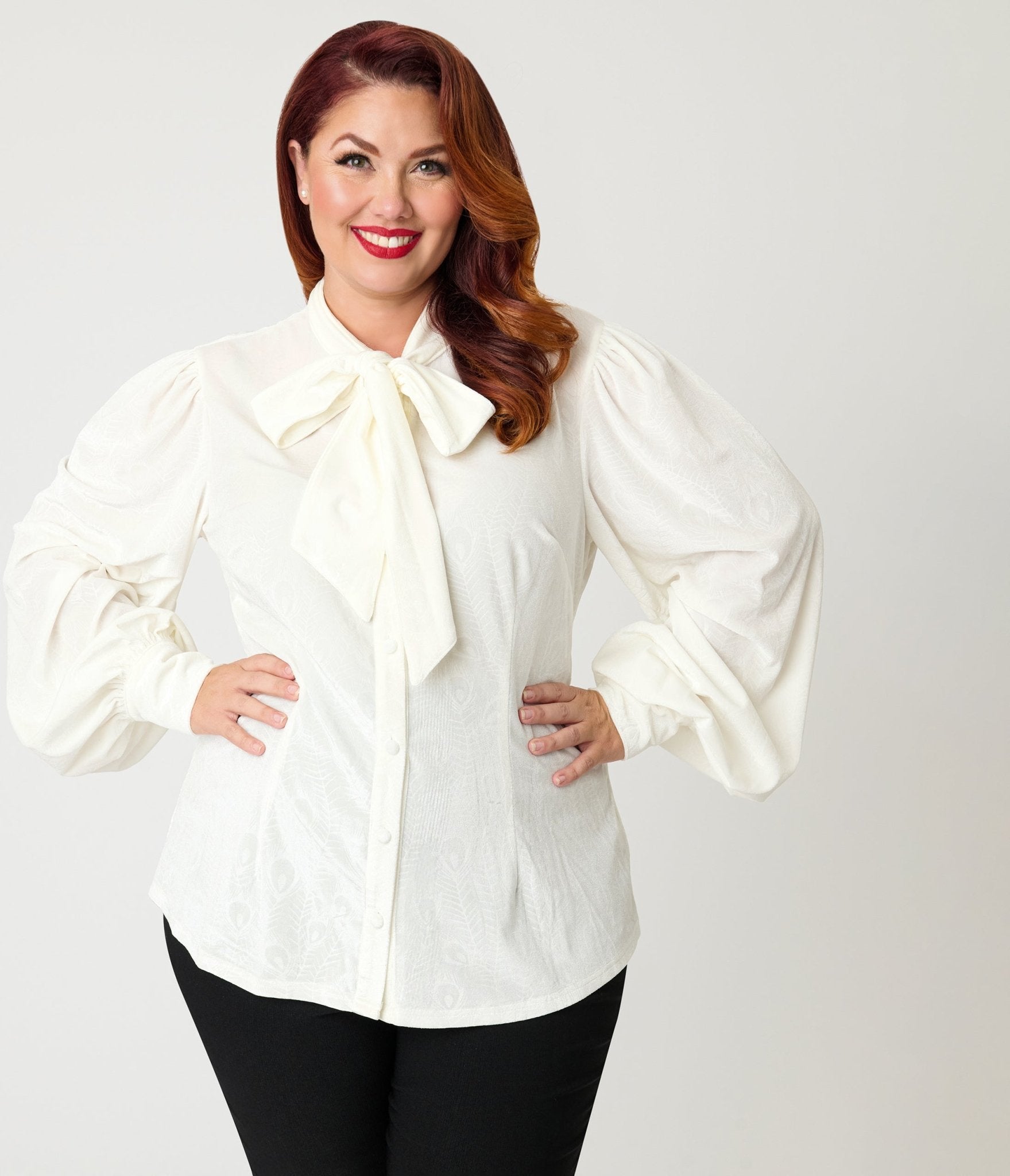 Unique Vintage Plus Size Ivory Peacock Feather Embossed Gwen Blouse - Unique Vintage - Womens, TOPS, WOVEN TOPS