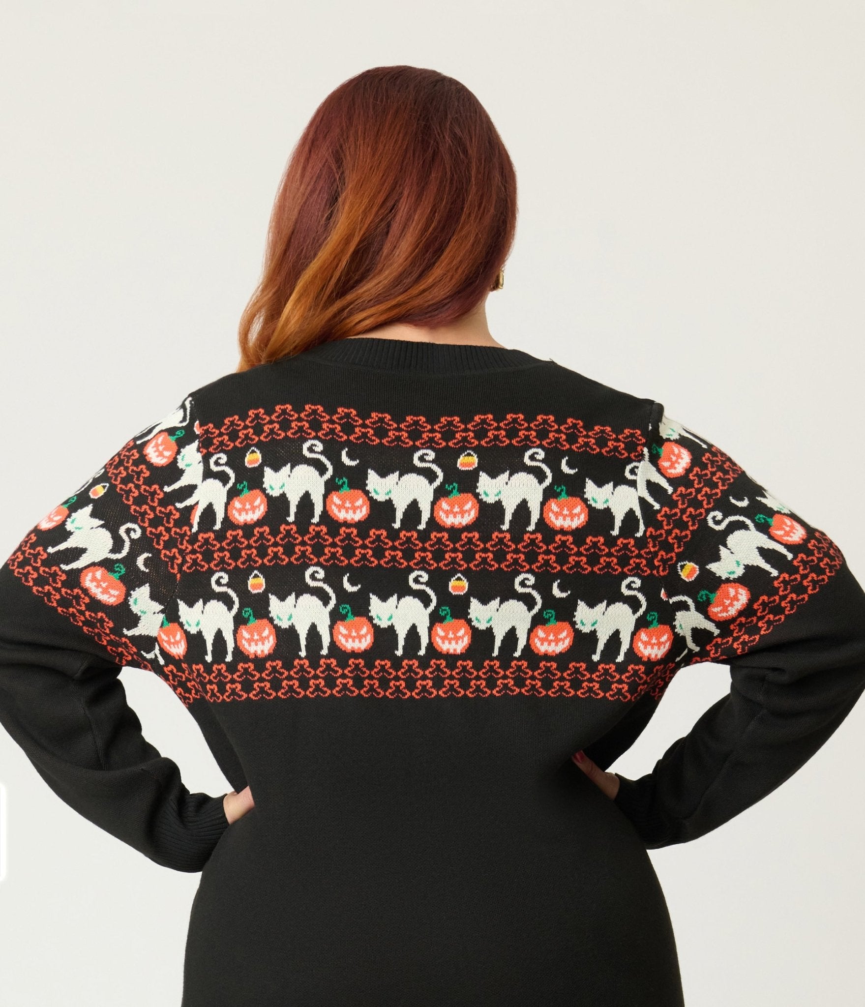 Unique Vintage Plus Size Jack-O-Lantern Cat Fair Isle Button Cardigan