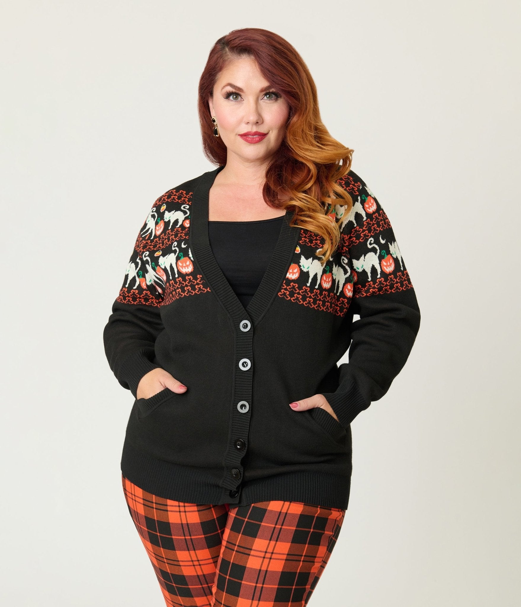 Unique Vintage Plus Size Jack - O - Lantern Cat Fair Isle Button Cardigan - Unique Vintage - Womens, TOPS, SWEATERS