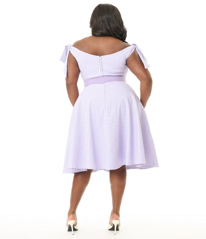 Unique Vintage Plus Size Lavender & White Gingham Off The Shoulder Swing Dress - Unique Vintage - Womens, DRESSES, SWING